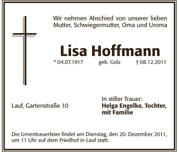 Traueranzeige von Lisa Hoffmann von Pegnitz-Zeitung